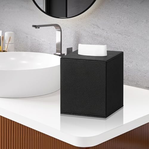 Black PU Leather Square Tissue Box Cover - Figella