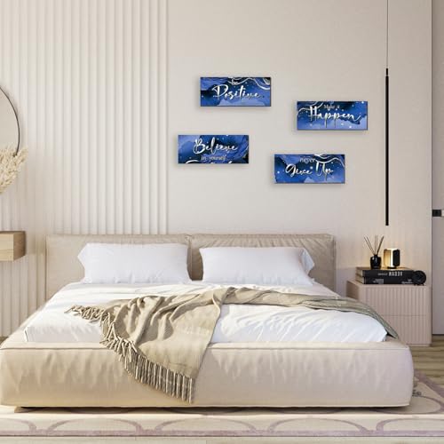 Blue & Silver Motivational Wall Art - 4 Piece Wooden Set for Home & Office