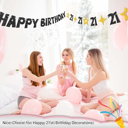Black and Gold 21st Birthday Banner - Pre-Strung Glitter Party Decoration