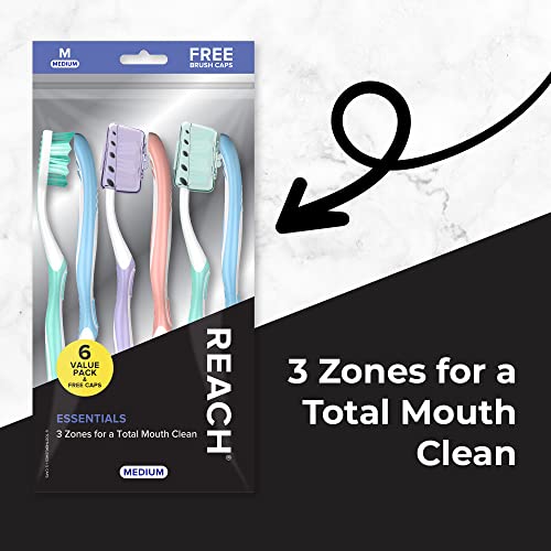 Reach Essentials Medium Toothbrushes with Caps, 6 Count