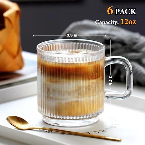 Premium Glass Coffee Mug Set 12 OZ Handle Stripes Heat-Resistant