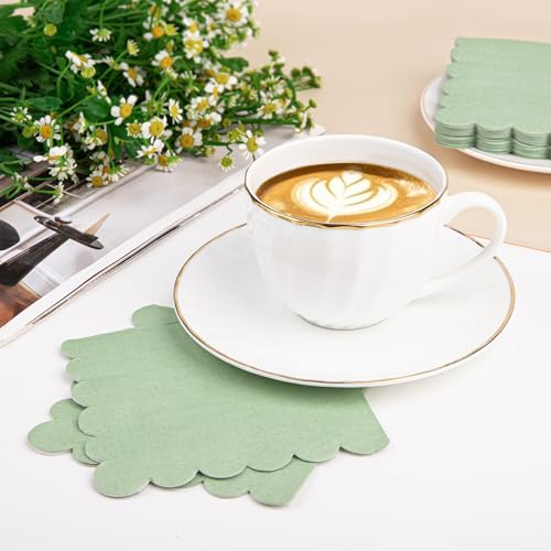 100 Pcs Sage Green Scalloped Cocktail Napkins - 5x5 Inches Disposable for Parties