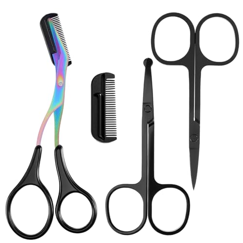 Eyebrow Trimming Scissors with Comb Set - 3 Pcs Black Grooming Tool