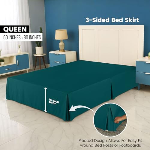 Queen Bed Skirt - 16 Inch Drop, Teal Pleated Microfiber