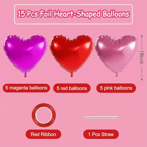18 Inch Heart Foil Balloons - 15 Pcs Pink & Red for Parties
