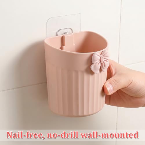 Exclaith Pink Wall-Mounted Makeup Brush Holder with Bow