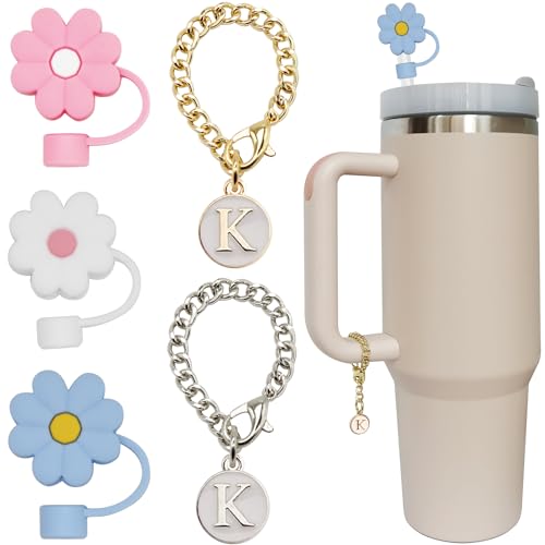 3PCS Flower Silicone Straw Covers for Stanley Cup + 2 Letter Charms