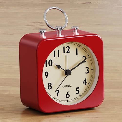 AYRELY Small Metal Alarm Clock - Red Square Bedside Table Clock