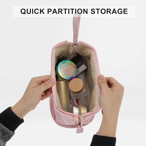GLIDESMOOTH Double Layer Travel Makeup Bag - Waterproof PU Leather Toiletry Organizer with Brush Compartment, Pink
