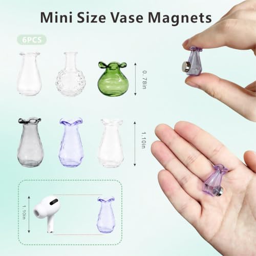 Mini Glass Vase Magnets Set - 6 Pcs Cute Magnetic Vases with Flowers