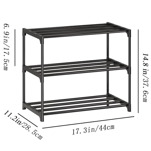 Metal Stackable Small Shoe Rack - 3-Tier Kids Organizer (Black)