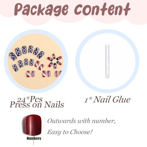 BABALAL Patriotic Press On Nails Medium Square American Flag Fake Nails
