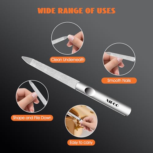 XIPOO Stainless Steel Metal Nail Files Set with Pointed Tip and Anti-Slip Handle for Natural and Acrylic Nails