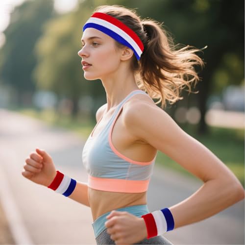 4 Sets American Flag Sports Headband and Wristband Striped Sweatband Headband and Wristband Set 4th of July Sports Sweatbands for Running, Basketball, Exercise