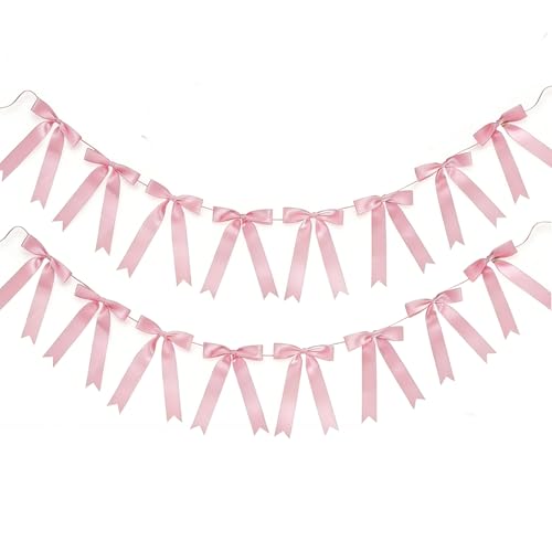 Eucehlre Pink Satin Bow Garlands - 16pcs Pre-Strung Party Decorations