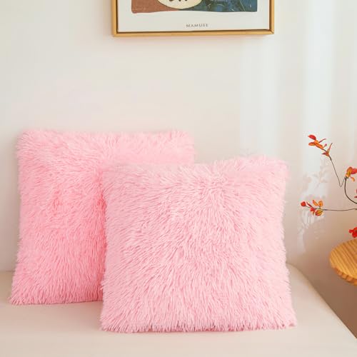 Besfunny Pink Faux Fur Throw Pillow Covers 18"x18", Soft Fuzzy Set of 2