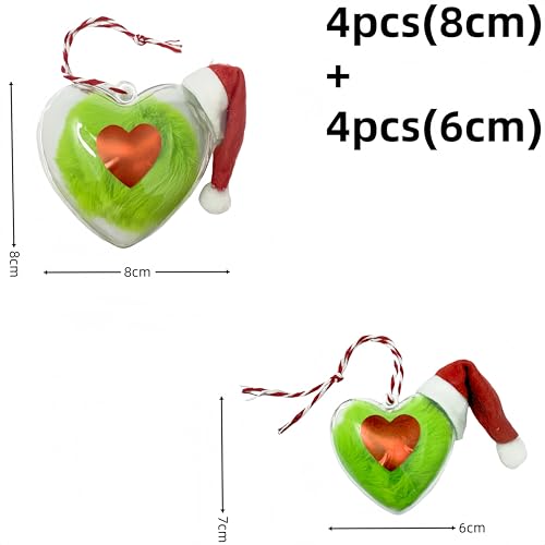 Christmas Lime Green Furry Heart Ornaments Set - Plush Xmas Tree Decorations, 6cm & 8cm, 8pcs with Strings