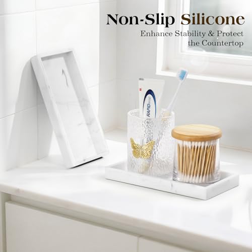 Luxspire Silicone Bathroom Vanity Tray, 7.9-Inch Marble White, 2-Pack