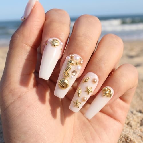Summer Ocean Nail Charms 3D Gold Starfish Seashell Art Decorations with Tweezers