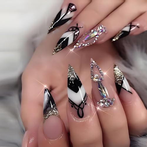 Long Coffin Press on Nails Rhinestone Gold Glitter French Fake Nails