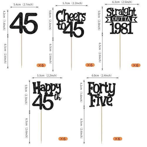30PCS Happy 45th Birthday Cupcake Toppers Glitter Black Picks