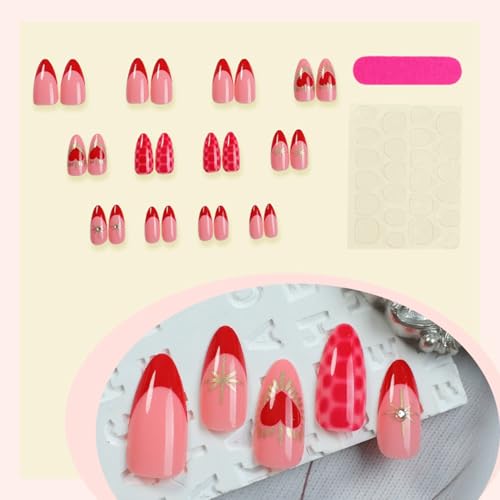 Red French Tip Press On Nails with Rhinestones Medium Almond False Nails 24pcs