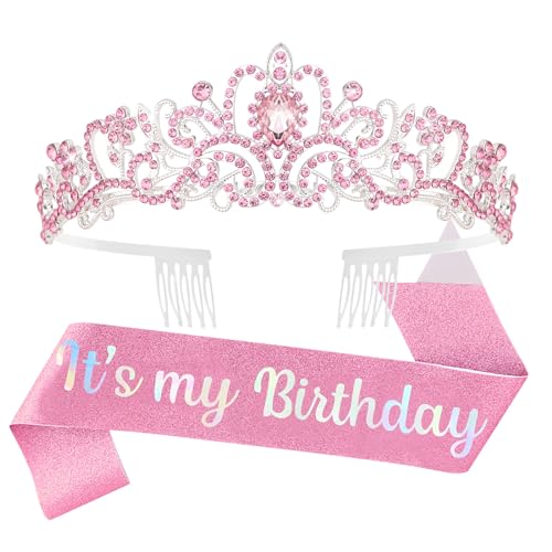 AMCAMI Pink Birthday Crown and Sash Set Rhinestone Tiara for Women