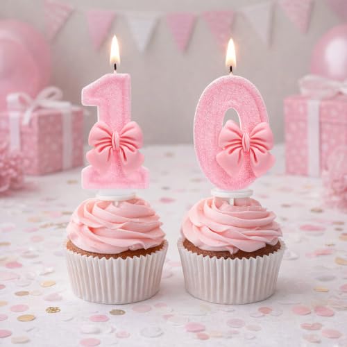 LASILE Pink Bow Number 10 Birthday Candle 3.4 Inch Glitter Cake Topper Girl Party Decor