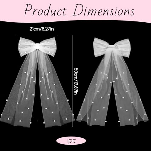 Bridal Tulle Pearl Bow Hair Clip White Veil for Bachelorette Party