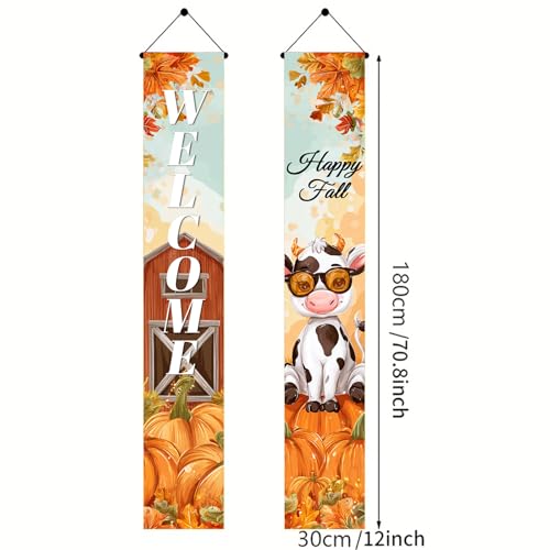 BlissYard Thanksgiving Porch Banner 12x71 Inch Cow Pumpkin Fall Decor