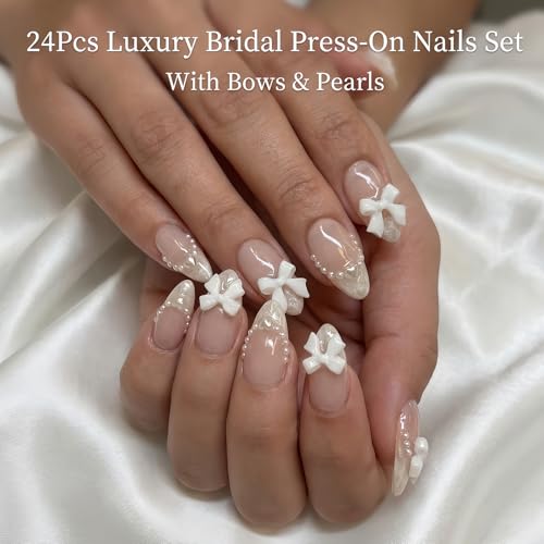 Nude Pink Press On Nails with French Tip & 3D Bow - 24Pcs Medium Almond