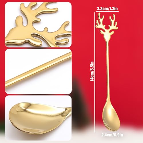 6 Inch Christmas Elk Deer Stainless Steel Dessert Spoons - Gold Set of 6
