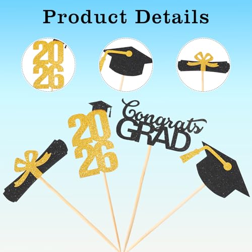 Graduation Cupcake Toppers 2026 - 24 PCS Gold Congrats Grad Picks