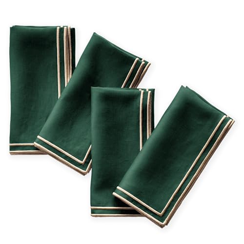Green Linen Napkins Set of 4 - 20x20 Inch Embroidered Gold Edge - Washable