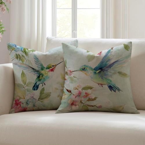 Watercolor Hummingbird Throw Pillow Covers, 18x18 Linen Set of 2