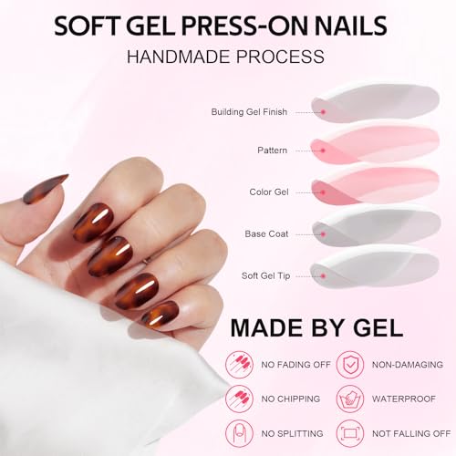 Findigit Short Press On Nails - 32 Pcs Natural Soft Gel Fake Nails Kit, Amber