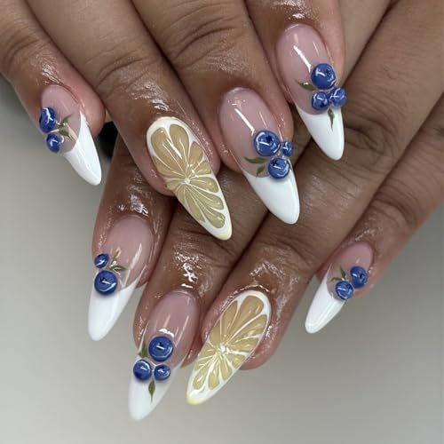 3D Fruit Press On Nails Medium Almond French Tip False Nails