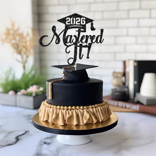 2026 Graduation Cake Topper - Happy Masters Degree in Black Glitter