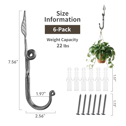 Worth Garden 6-Pack Heavy Duty Leaf-Shaped Wall Hooks - Aged Silver for Plants & Bird Feeders