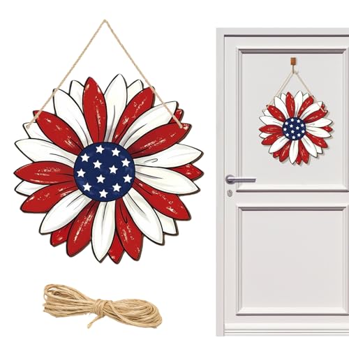Patriotic Sunflower Wooden Wreath for 4th of July Decor