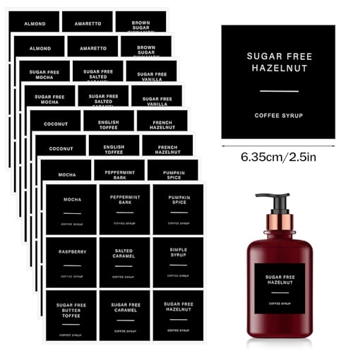 72-Piece Coffee Syrup Labels - Black Stickers for Bottles & Dispensers
