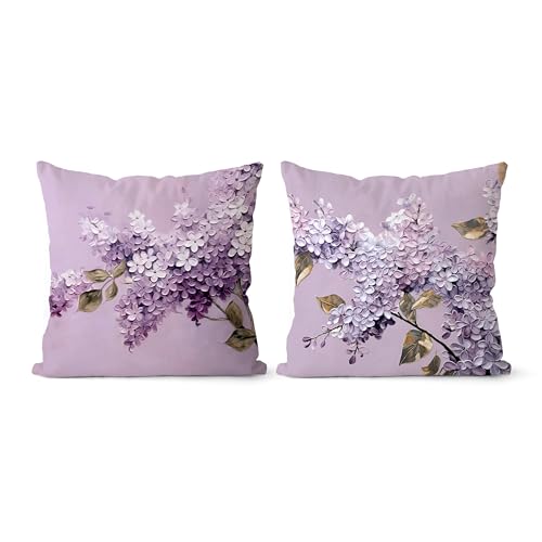 Purple Floral Velvet Throw Pillow Covers 18x18 - Set of 2