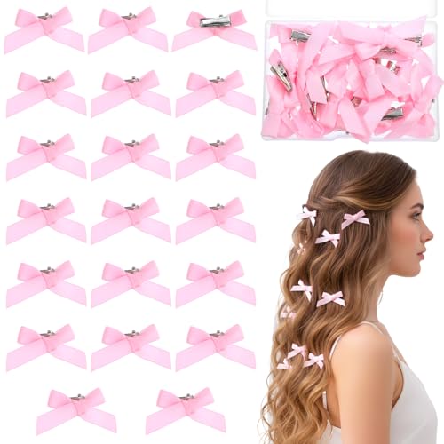 20 PCS Mini Pink Hair Bows, Satin Bow Hair Clips with Storage Box