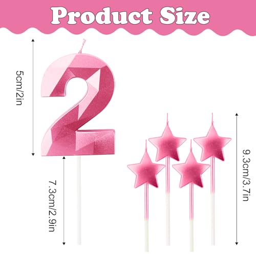 Pink Number 2 Birthday Candle and Star Cake Topper Set 3D Diamond Design