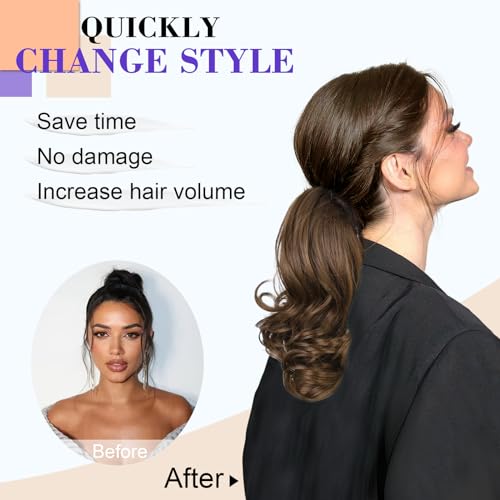 Short Wavy Ponytail Extension Drawstring Bronze Brown 11 Inch Synthetic Hair