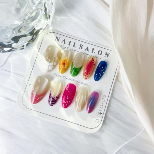 Glossy Almond Press On Nails French Tip Colorful Fake Nails Medium