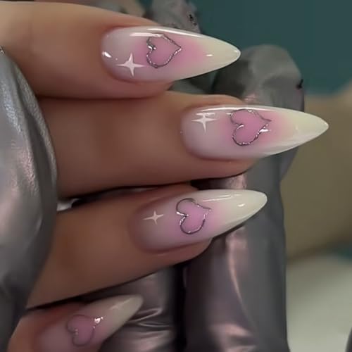 YKZFUI Medium Almond Press on Nails Pink Blush Star False Nails