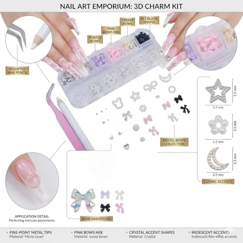 3D Mixed Nail Art Charms Kit with Rhinestones Bows and Pearls for DIY Manicures