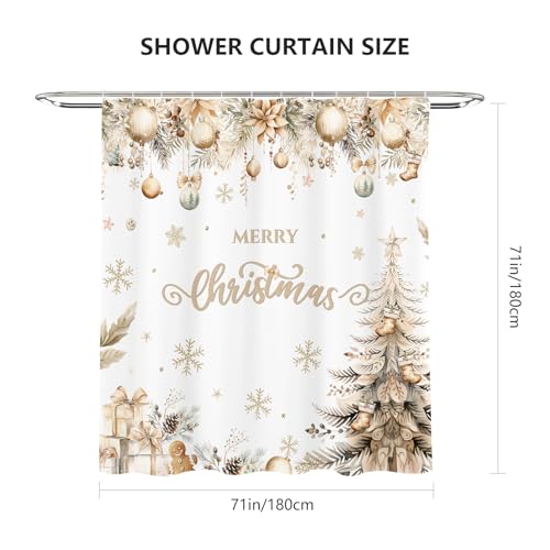 White and Gold Merry Christmas Shower Curtain 72x72 Inch with Hooks