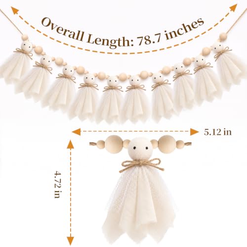 Pextian Beige 6.5Ft Halloween Ghost Garland with Wooden Beads, Handmade Halloween Decor
